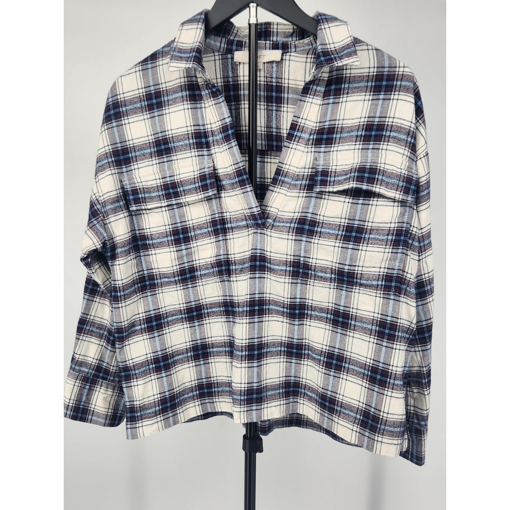 Loft Womens Plaid V-Neck Pullover Top Blue White Cotton Size M RN140923